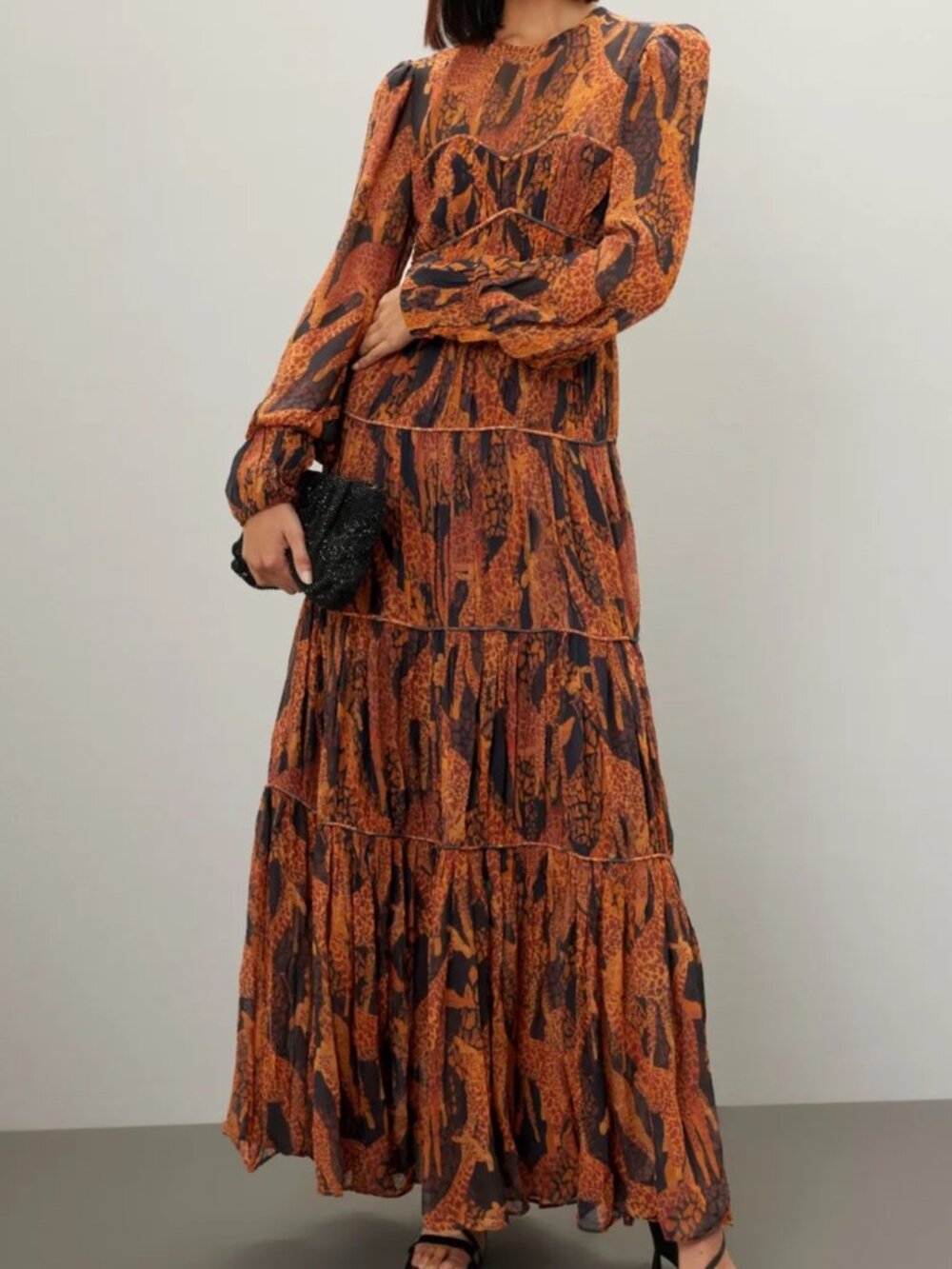FARM Rio Orange and Black Tiered Maxi Dress
